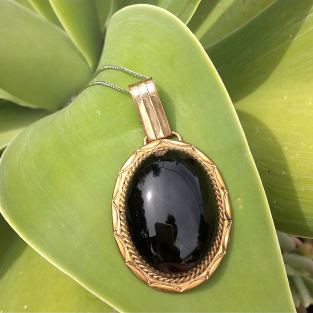 Large Vintage Onyx Sterling Silver 925 Statement Pendant Necklace Black Gothic